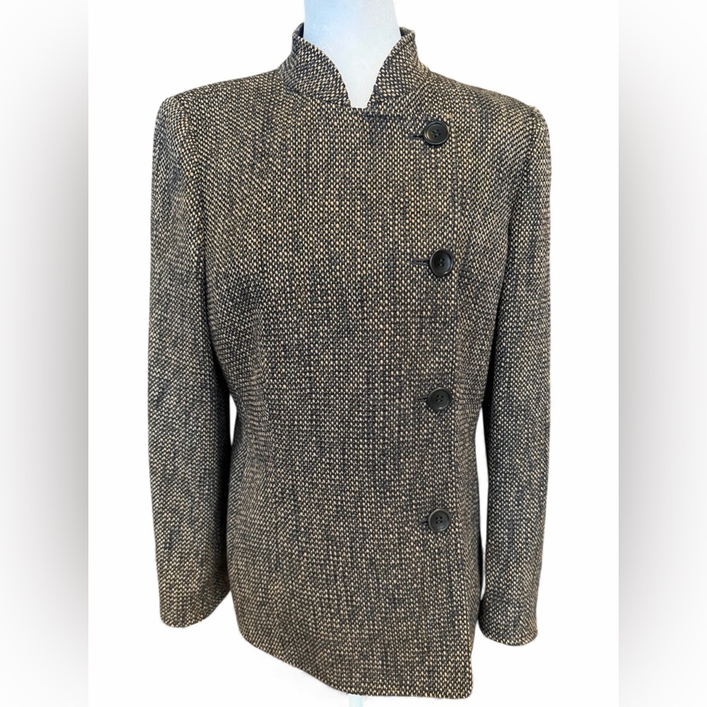 Armani Collezioni Asymmetric Tweed Blazer - Mandarin Collar - Brown/Black Size 8